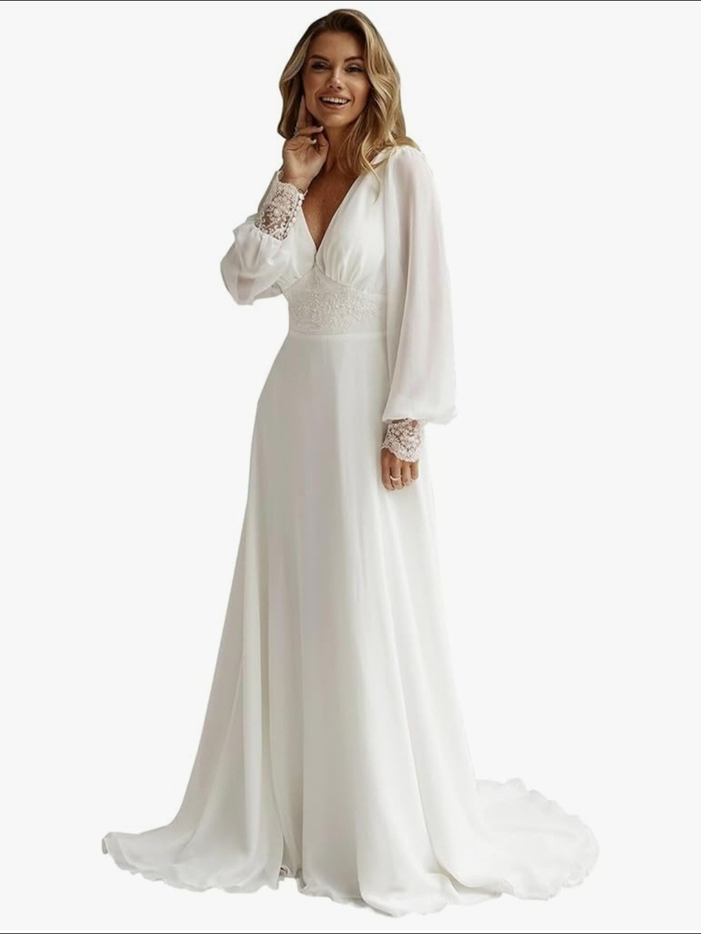 Elegant White Lace-Trim Long Sleeve Wedding Dress